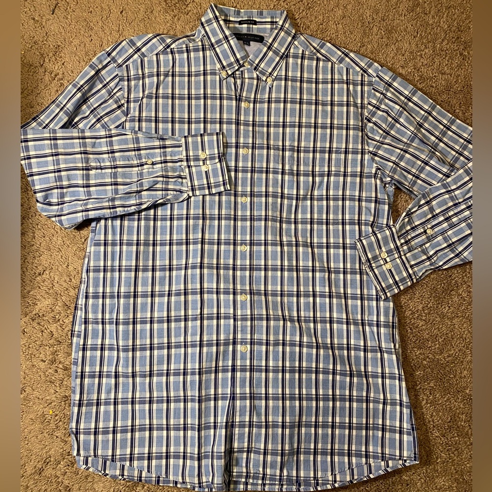Tommy Hilfiger Adult Mens Size 15.5 Button Up Down Cotton Blue Dress Shirt - Picture 2 of 10